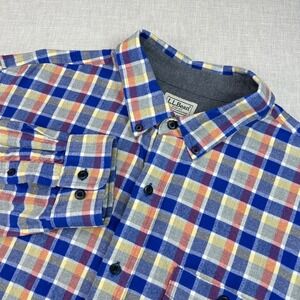 L.L. Bean Flannel Button Down Shirt Men L-Tall Blue Orange Plaid Slightly Fitted
